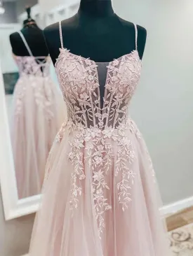 A Line V Neck Pink Tulle Lace Long Prom Dresses, Open Back Pink Formal Dresses, Pink Lace Evening Dresses